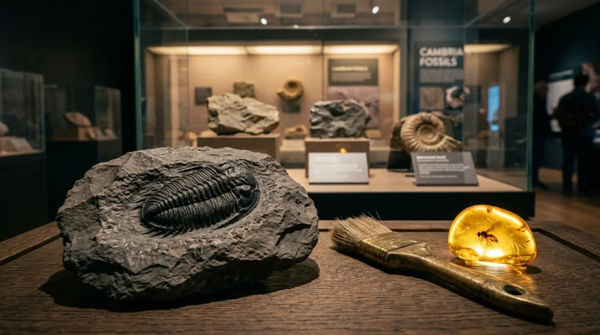 Trilobite and amber artwork from the Prehistoric Mysteries museum quiz.