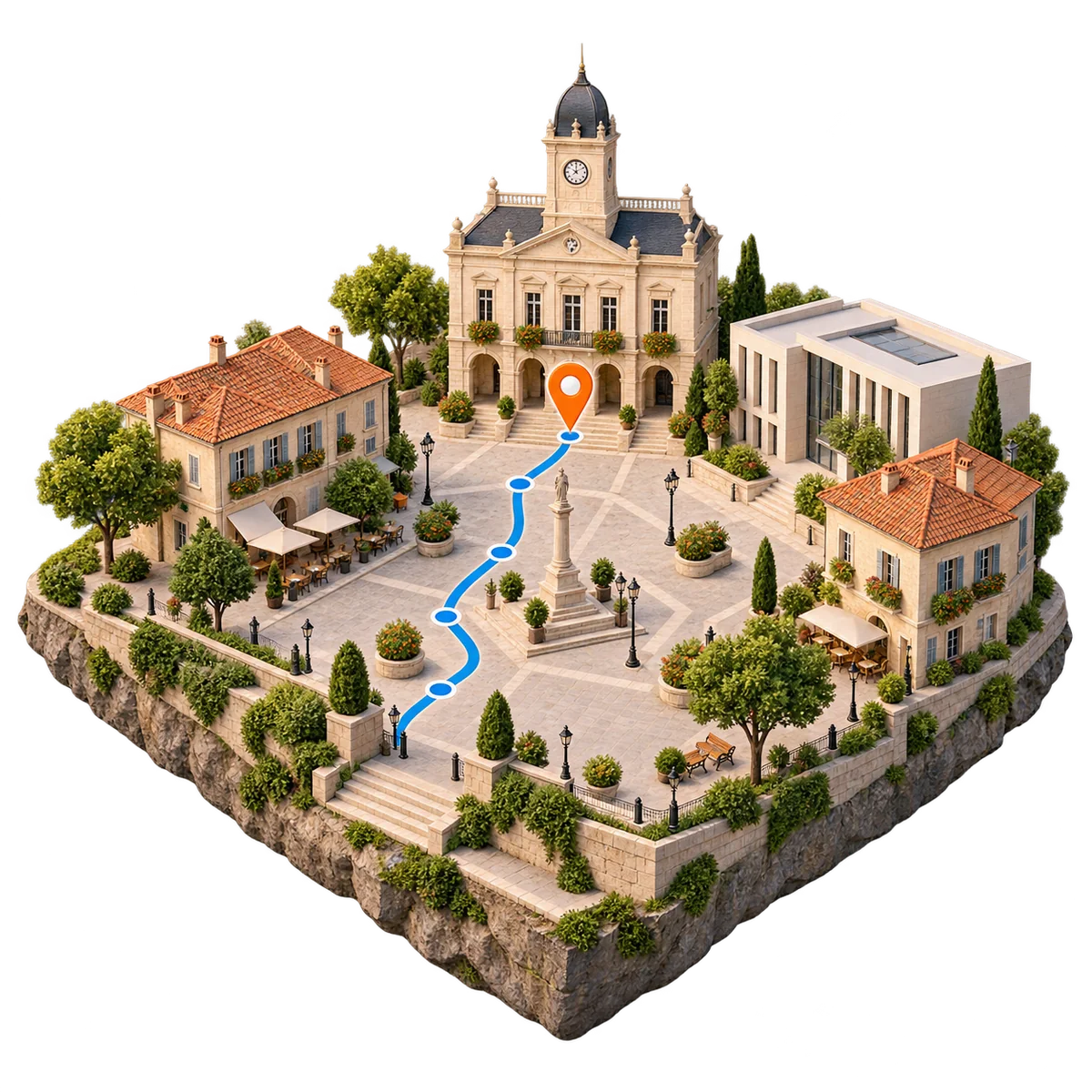 A three-dimensional town map with a navigation pin
